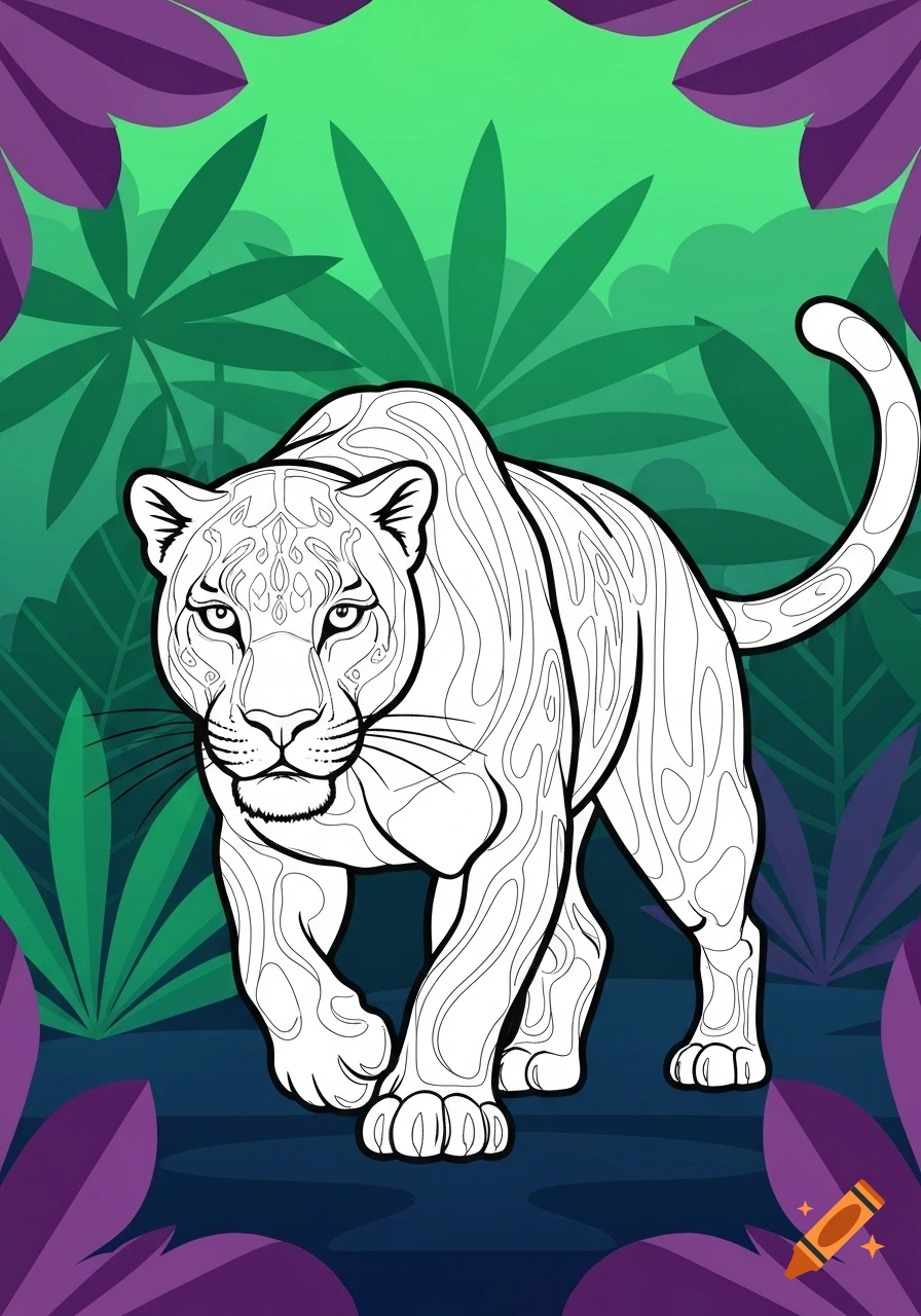 A black and white outline drawing of a panther walking through a lush green jungle, styled as a coloring book page.