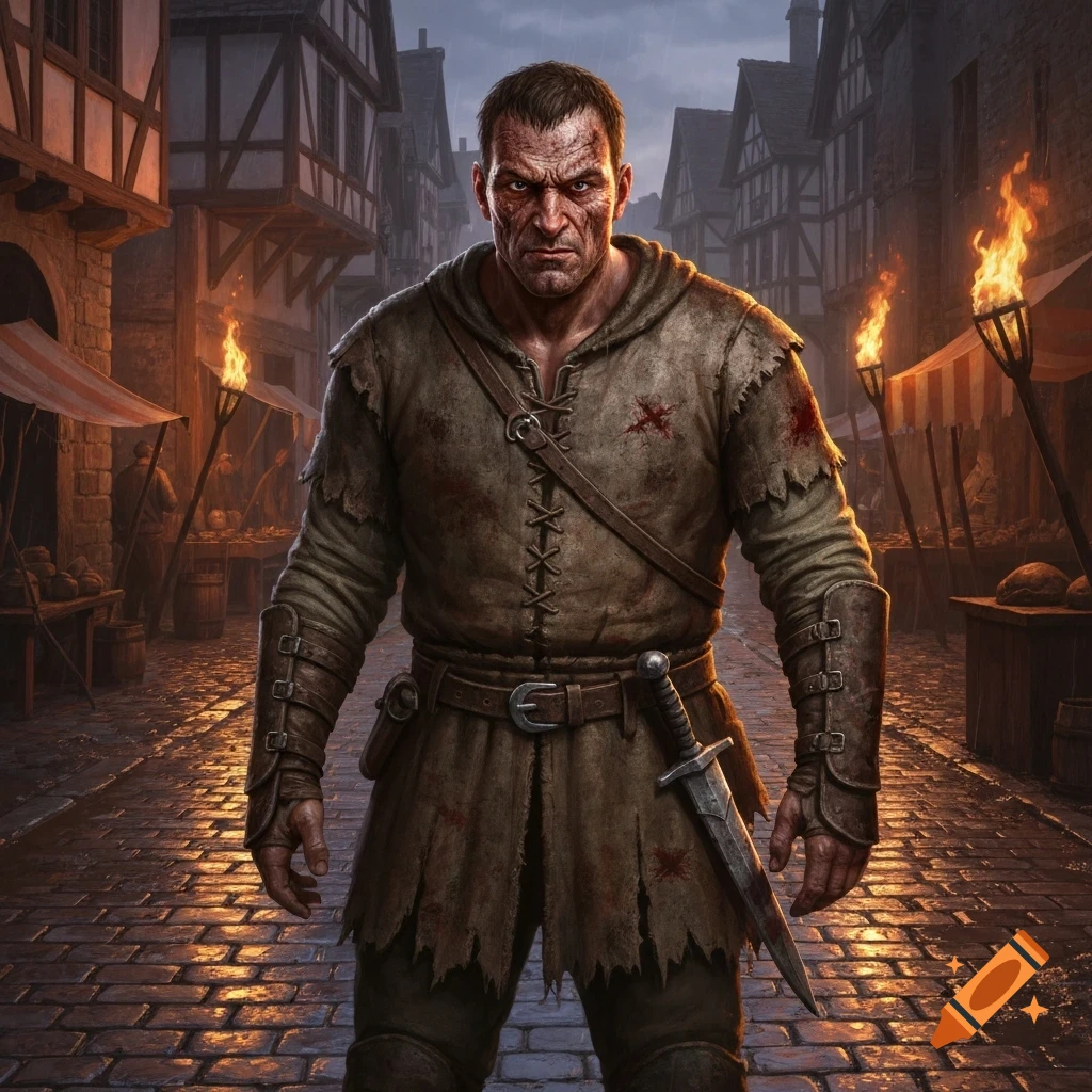 A realistic portrait of a grim medieval man with a dagger, standing on ...