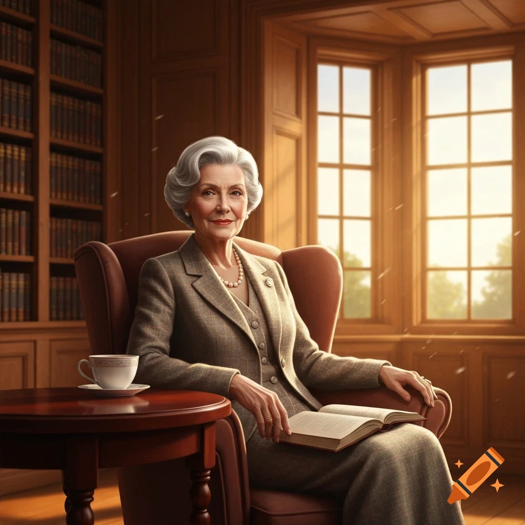 An elegant older woman with grey hair sits in a plush armchair in a library, holding an open book, a teacup on a table beside her.