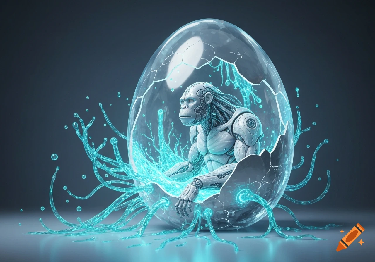 A futuristic mechanical ape with organic features emerges from a cracking crystal egg surrounded by glowing blue liquid.