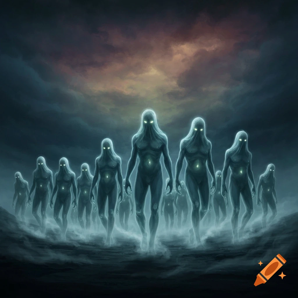 Ethereal humanoid figures with glowing eyes emerge from mist under a dramatic, cloudy sky in a dark fantasy style.