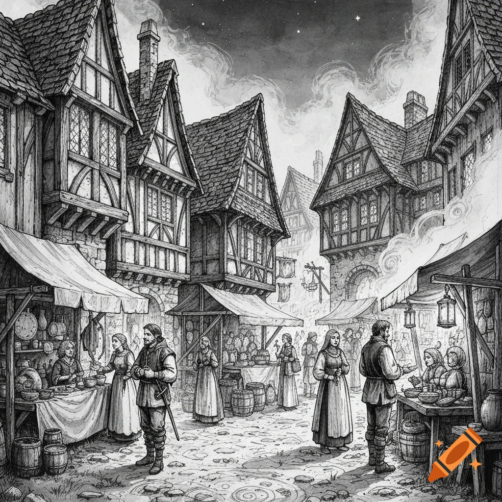 A detailed grayscale ink drawing of a bustling medieval market fair in a village, with people, stalls, and timber-framed buildings.
