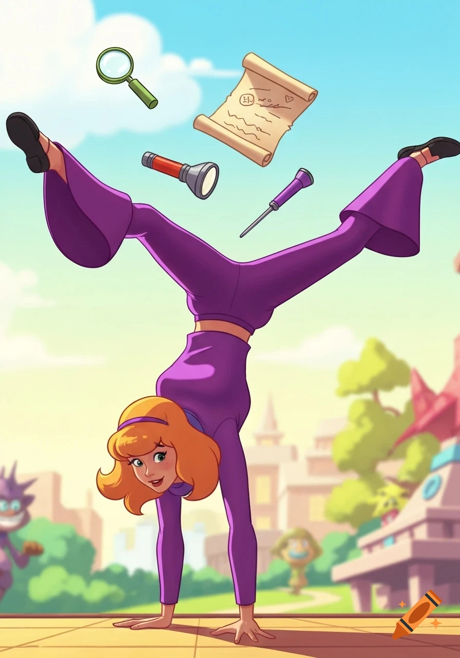 Daphne from Scooby-Doo performs a handstand, balancing a magnifying glass, flashlight, screwdriver, and scroll with her feet. Vibrant cartoon style.