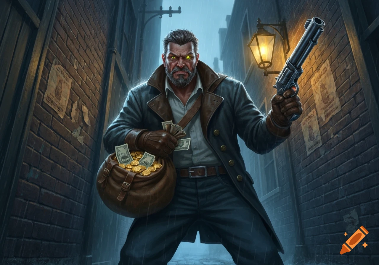 A stylized, intense man with glowing eyes, a beard, and a trench coat holds a gun and a sack of gold coins in a rainy alley.