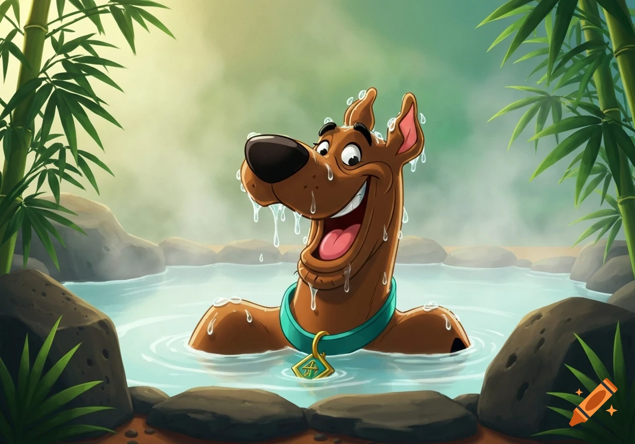 Scooby-Doo happily relaxing in a steamy hot spring surrounded by bamboo, cartoon style.