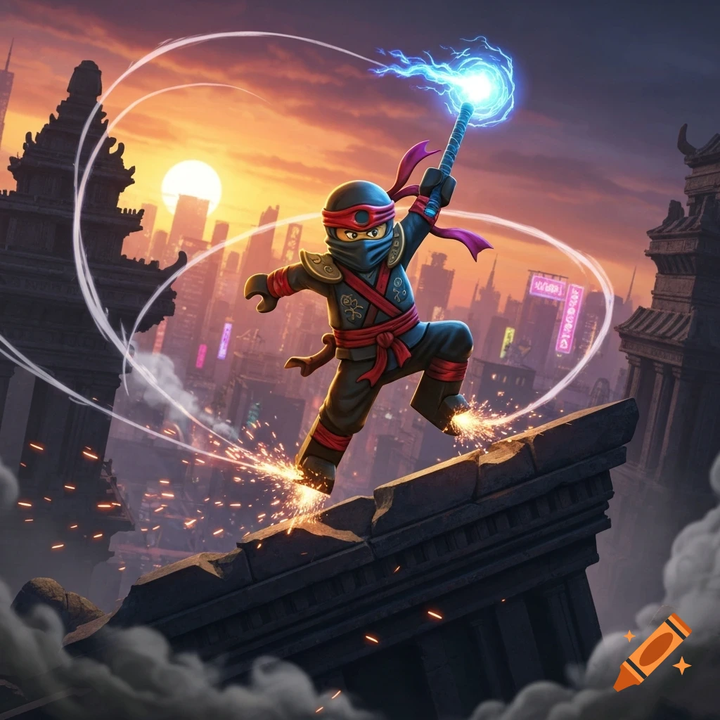 Lego-style ninja leaps on a broken rooftop at sunset, holding a glowing staff with sparks, city skyline background.