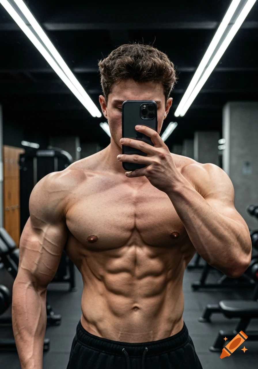 Upper-body mirror selfie of a muscular man in a gym, showing his defined chest, abs, and arms, with a smartphone covering his face.