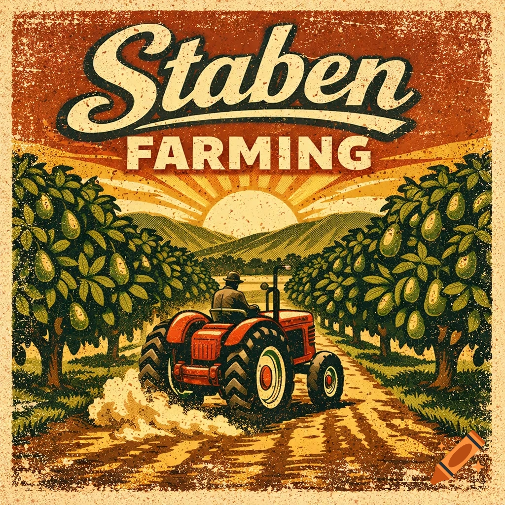 Vintage farm poster with a tractor driving through an avocado orchard under a sunset, featuring 'Staben FARMING' text.