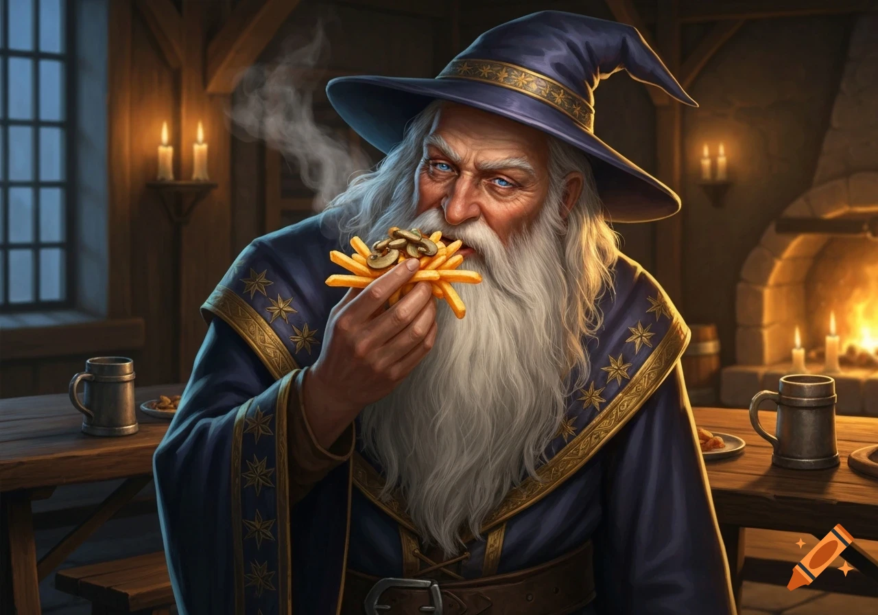 A wise old wizard with a long white beard and blue hat eats French fries topped with mushrooms in a cozy tavern.