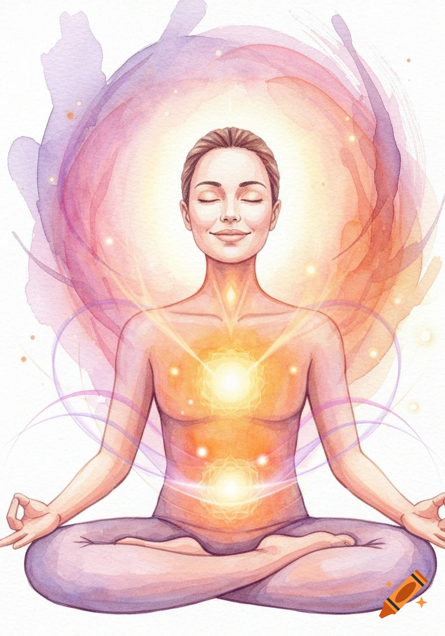 Soft watercolor painting of a serene person meditating in lotus position with glowing heart and sacral chakras, surrounded by energy.