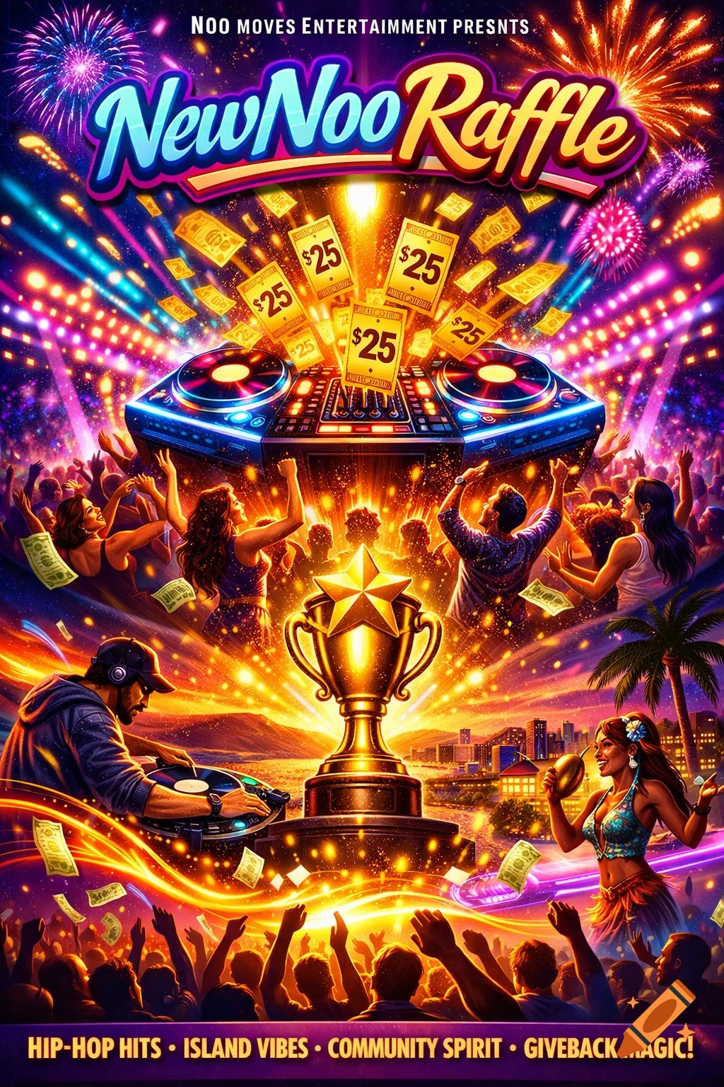 A vibrant event poster for 'NewNooRaffle' with a DJ, a golden trophy, a dancing crowd, fireworks, and money falling from the sky.