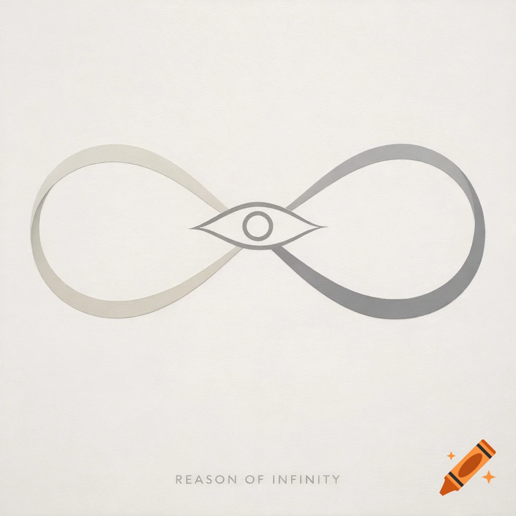 A gray and light gray infinity symbol with an eye in the center, on a textured off-white background. The text 'REASON OF INFINITY' is at the bottom.