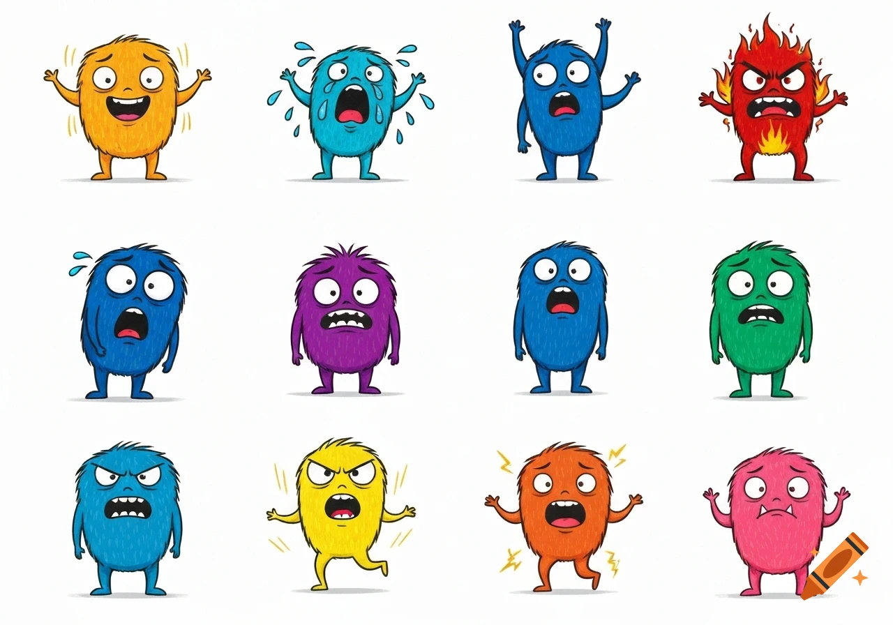 A grid of 12 colorful cartoon monsters, each expressing a different emotion, on a white background.