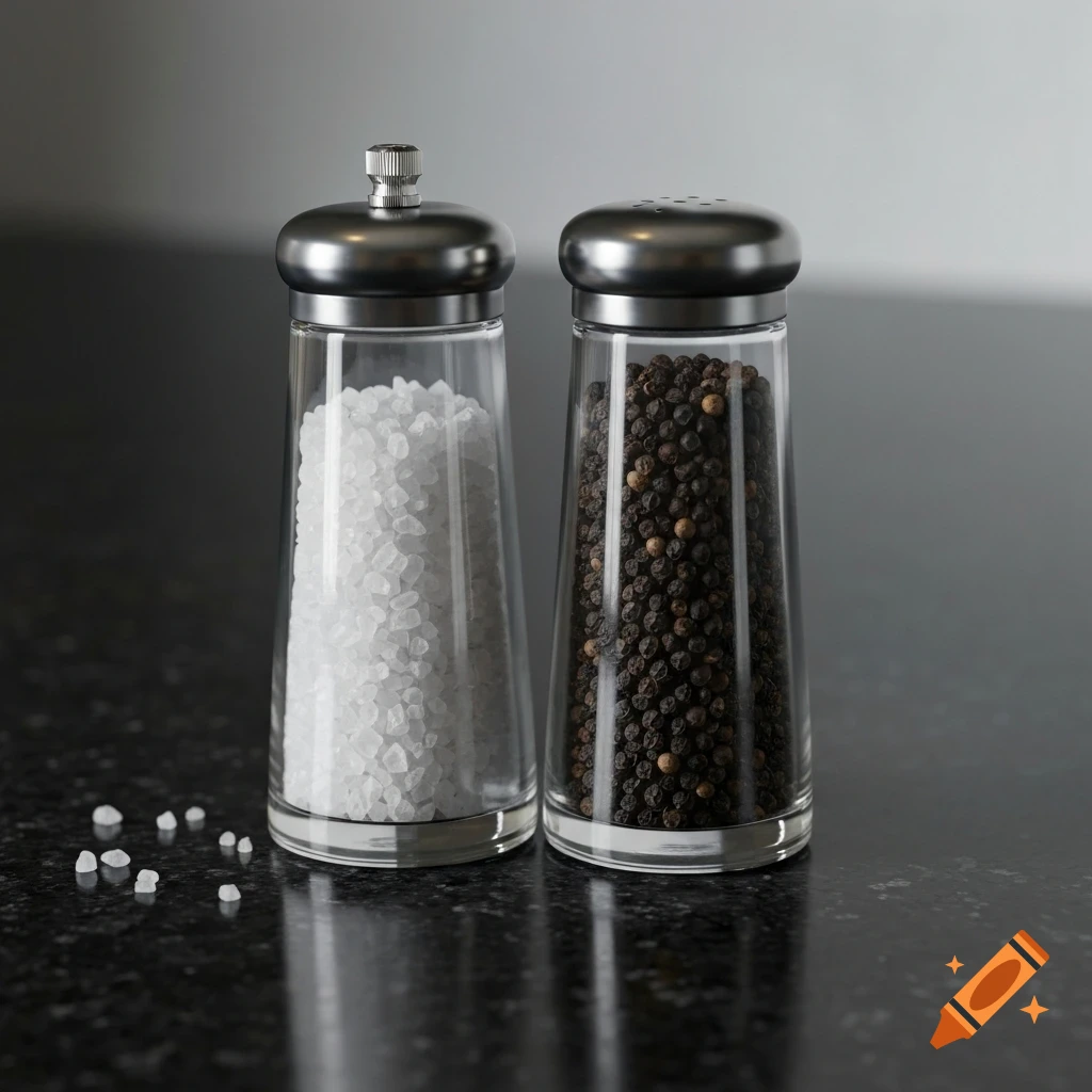 Photorealistic image of two glass grinders, one with salt and one with peppercorns, on a dark countertop.