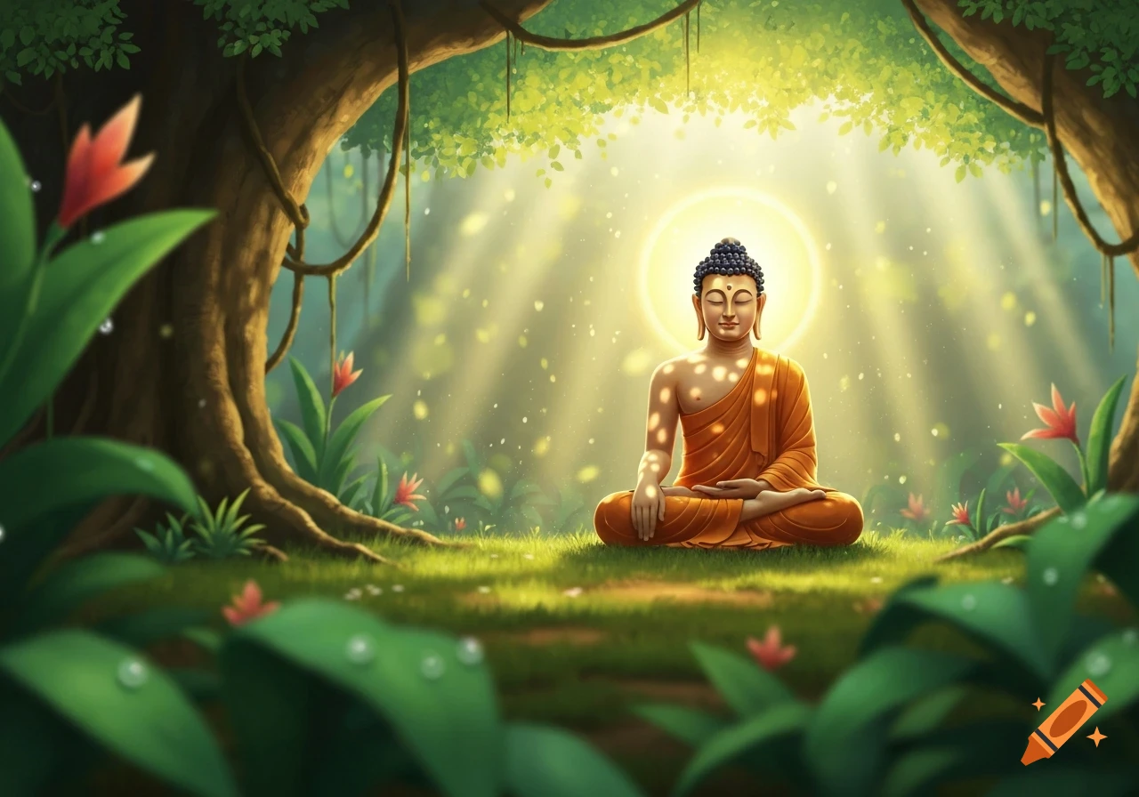 Serene Buddha meditating under a large sunlit tree in a lush green forest, with light rays and glowing particles.