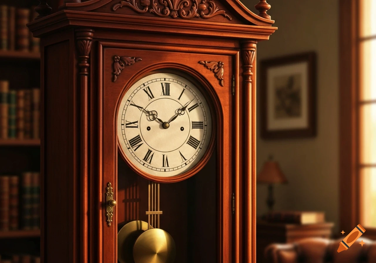 Detailed wooden grandfather clock with Roman numerals, pendulum, and weights in a softly lit room with bookshelves.