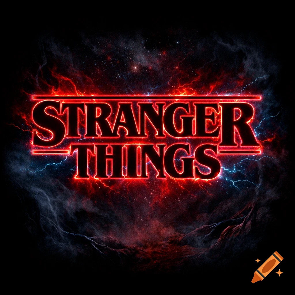 The Stranger Things logo with red glowing text and lightning on a dark, stormy, starry background.