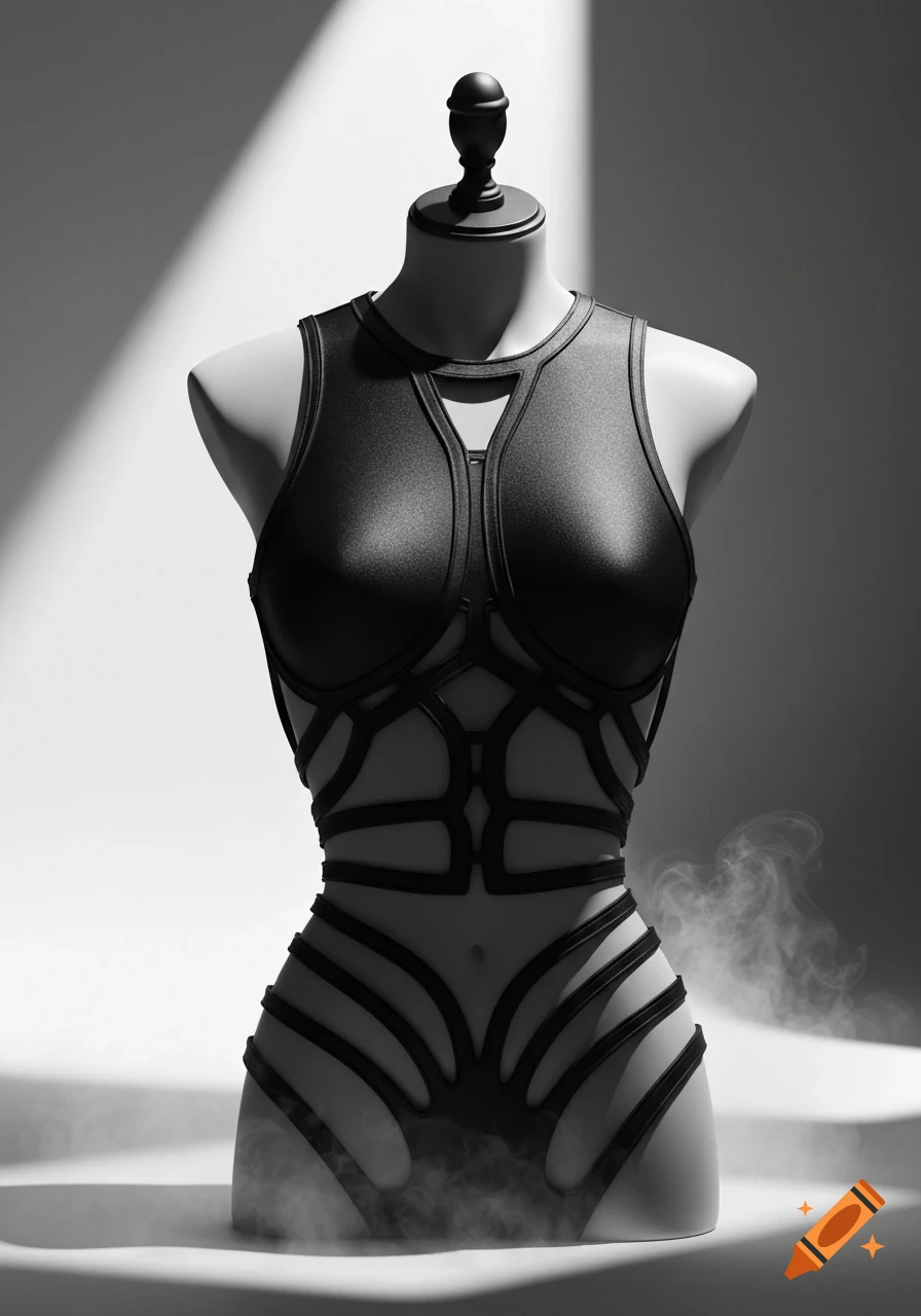 A mannequin in a black cutout bodysuit, rendered in grayscale with studio lighting and smoke effects.