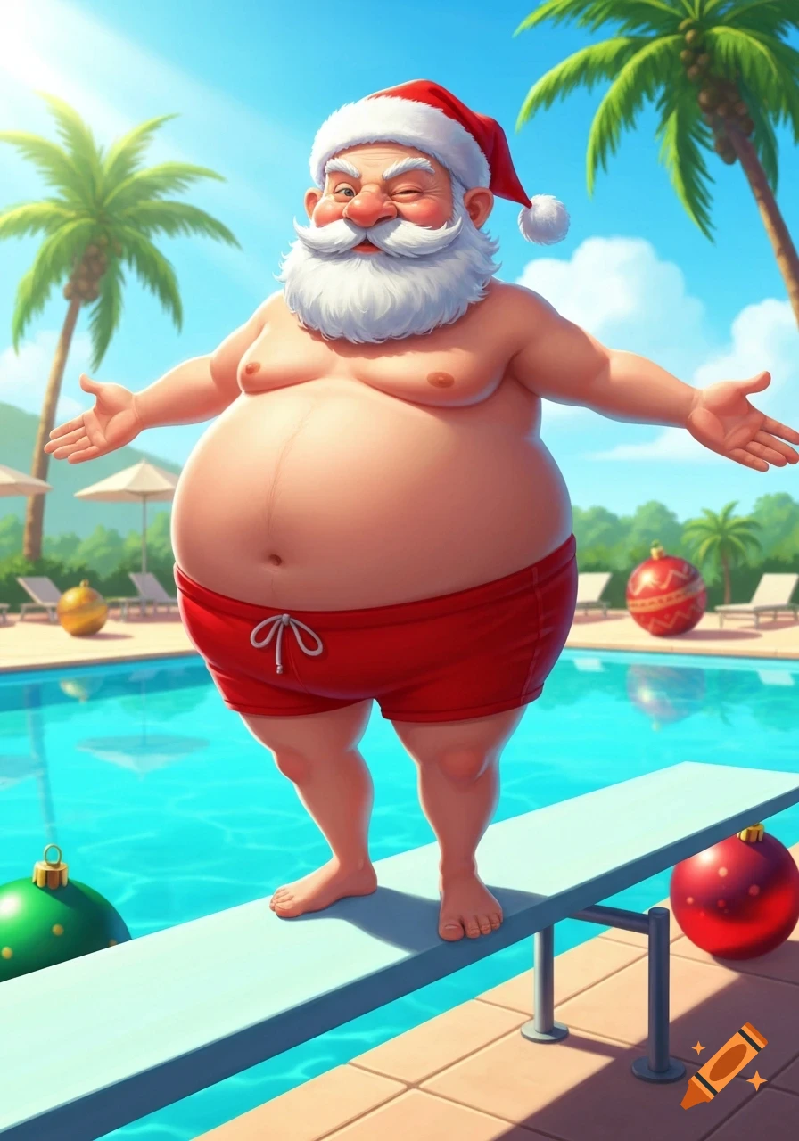 A cartoon Santa Claus in red swim trunks and a hat stands on a diving board next to a tropical swimming pool, with palm trees and large Christmas ornaments around.