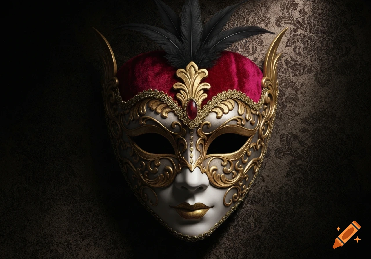 An ornate Baroque masquerade mask, featuring gold filigree, silver accents, red velvet, and black feathers, on a dark patterned background.