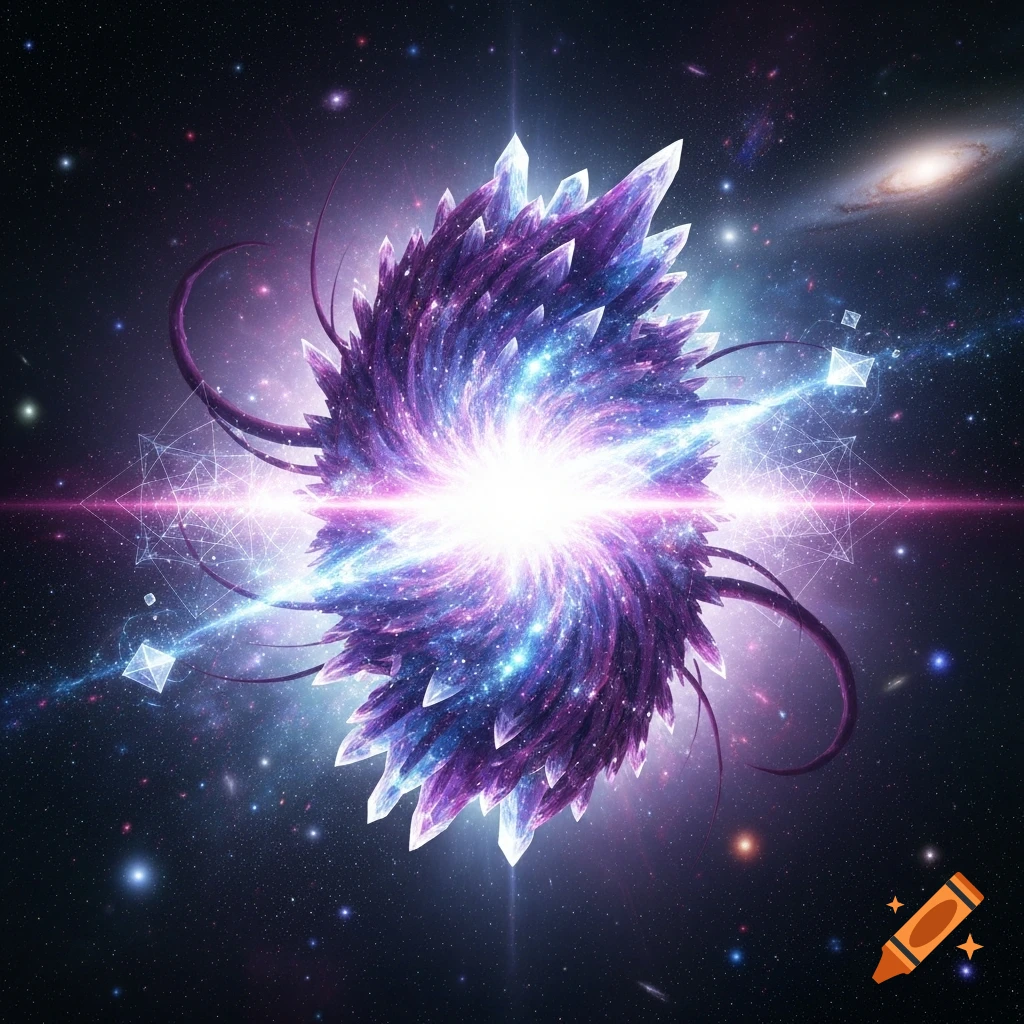 Vibrant cosmic energy burst resembling swirling purple and blue crystals in deep space with stars and a distant galaxy.