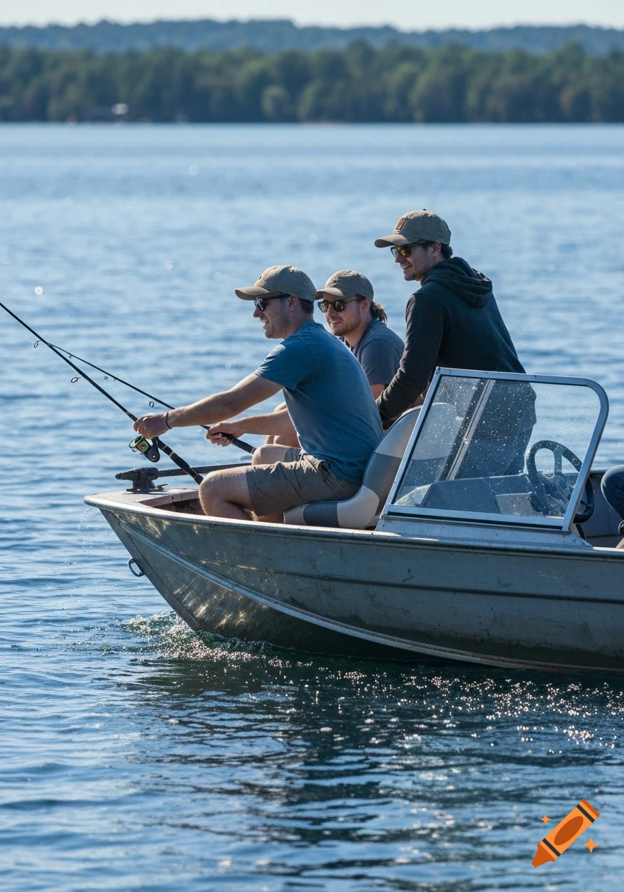 Three men in a small boat fishing on a calm lake under a clear sky.