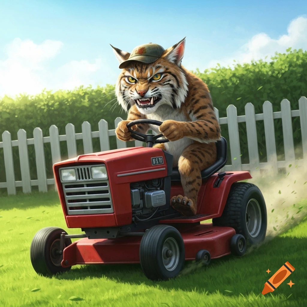 A fierce bobcat wearing a cap drives a red riding lawn mower across a green lawn, with a white picket fence in the background.