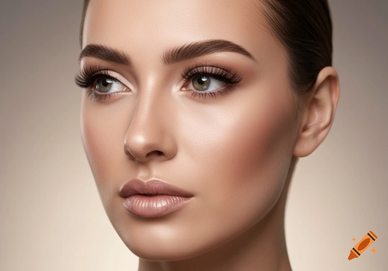 Close-up portrait of a woman with soft natural makeup, long eyelashes, and glowing skin looking right.