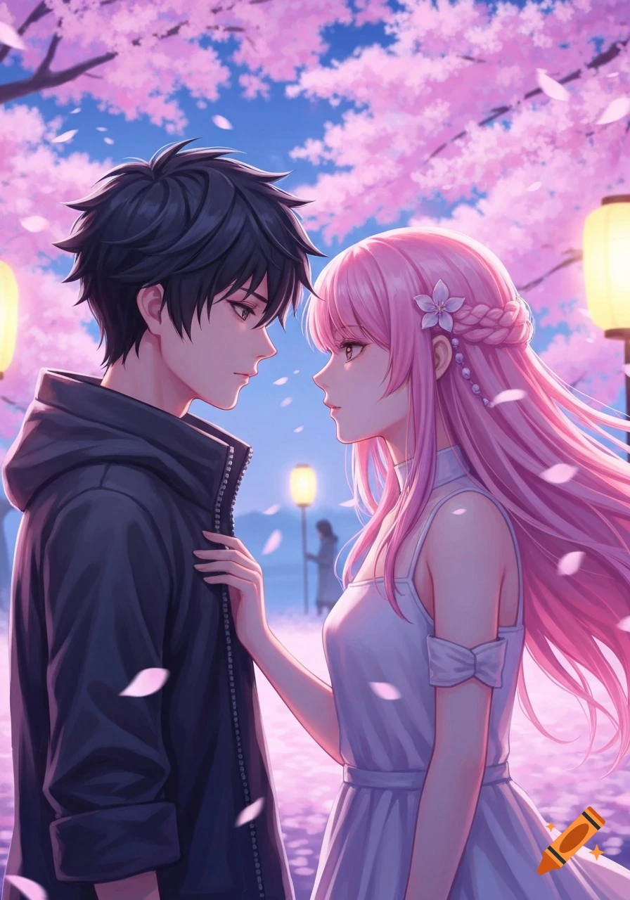 Anime couple gazing at each other under pink cherry blossoms and glowing lanterns at dusk.