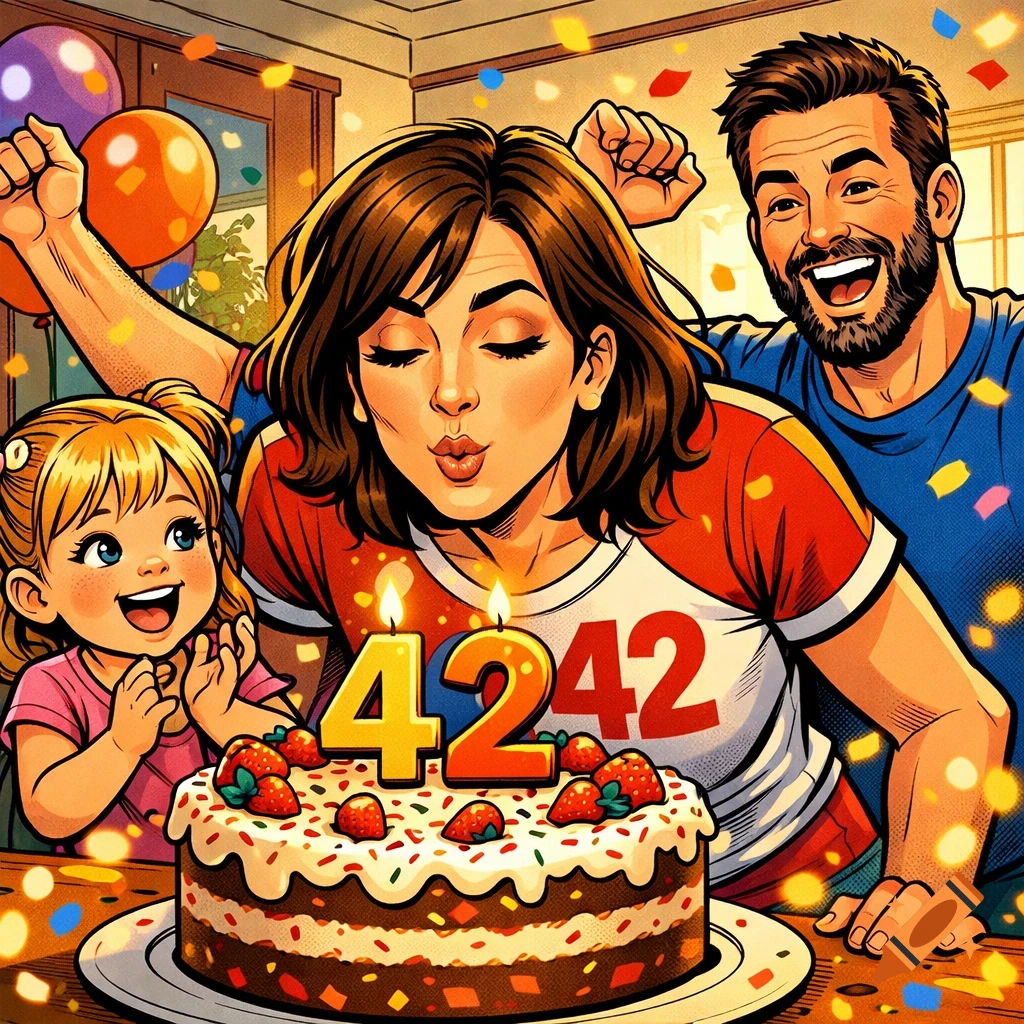 Comic style illustration of a family celebrating a birthday. A woman blows out "42" candles on a strawberry cake as her daughter and husband cheer.