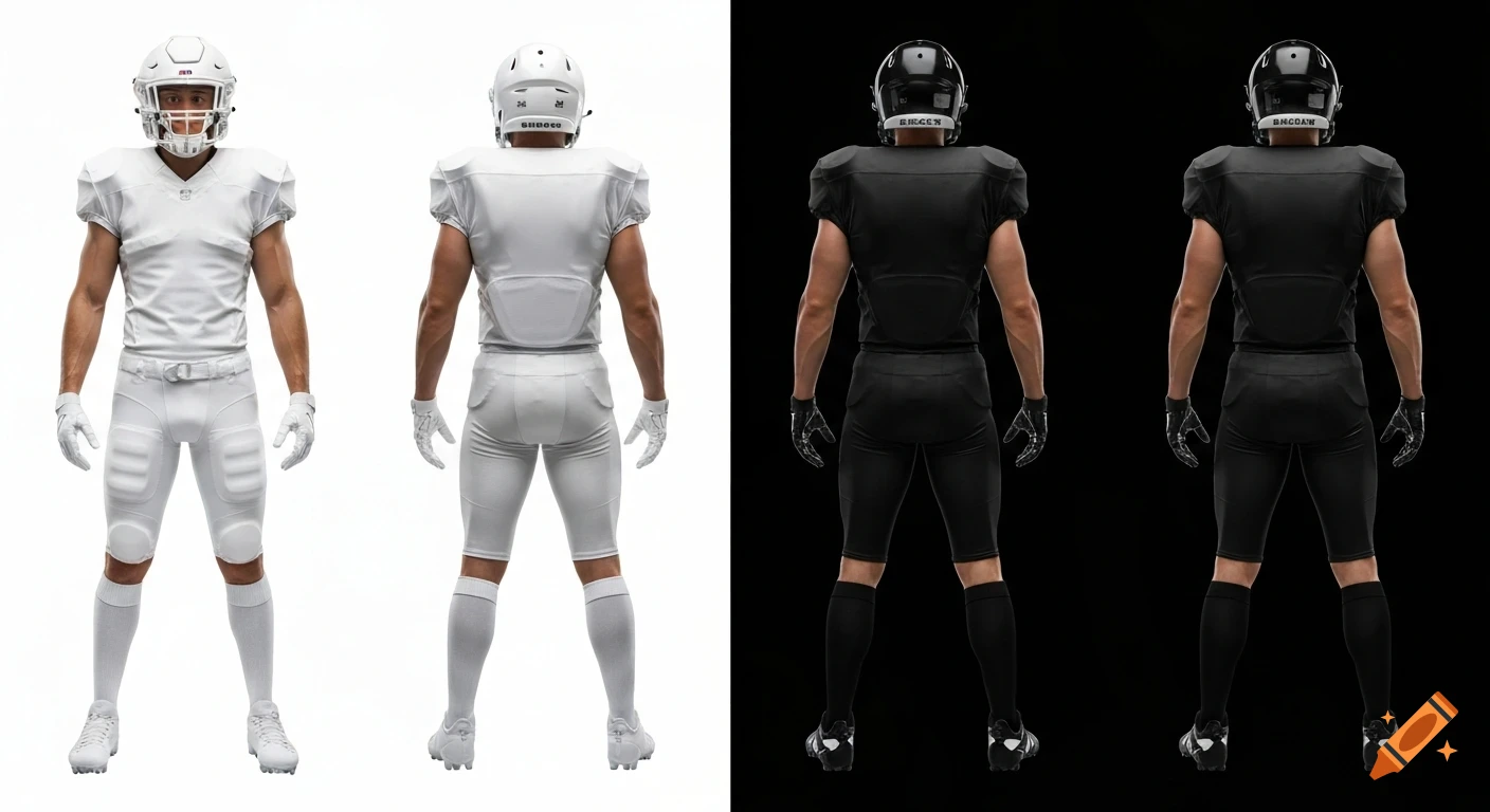 Four photorealistic American football players in white and black uniforms, shown front and back.