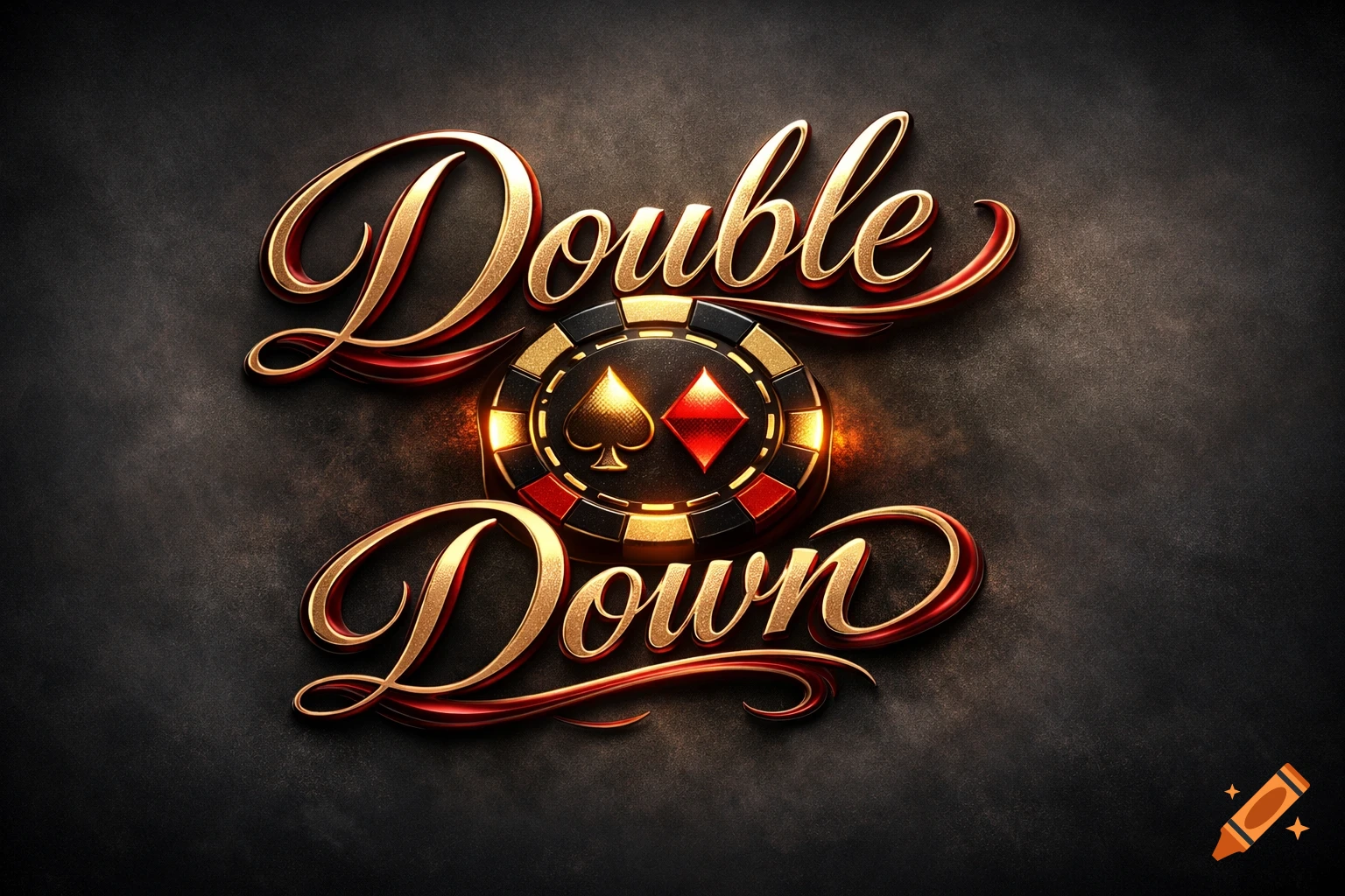 Golden script "Double Down" text above and below a poker chip with spade and diamond suits on a dark background.