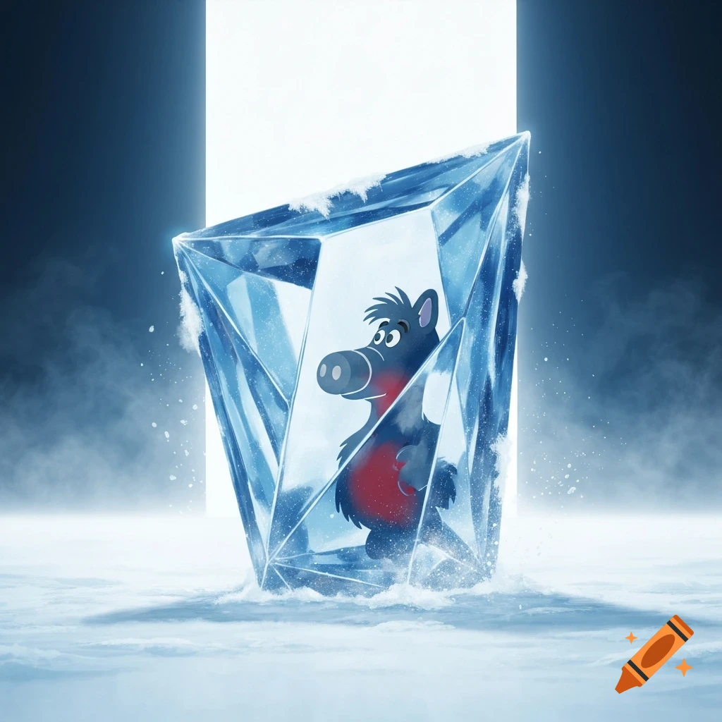 A cartoon character, resembling Alf, is trapped inside a jagged blue ice block amidst a snowy, icy landscape with a glowing white background.