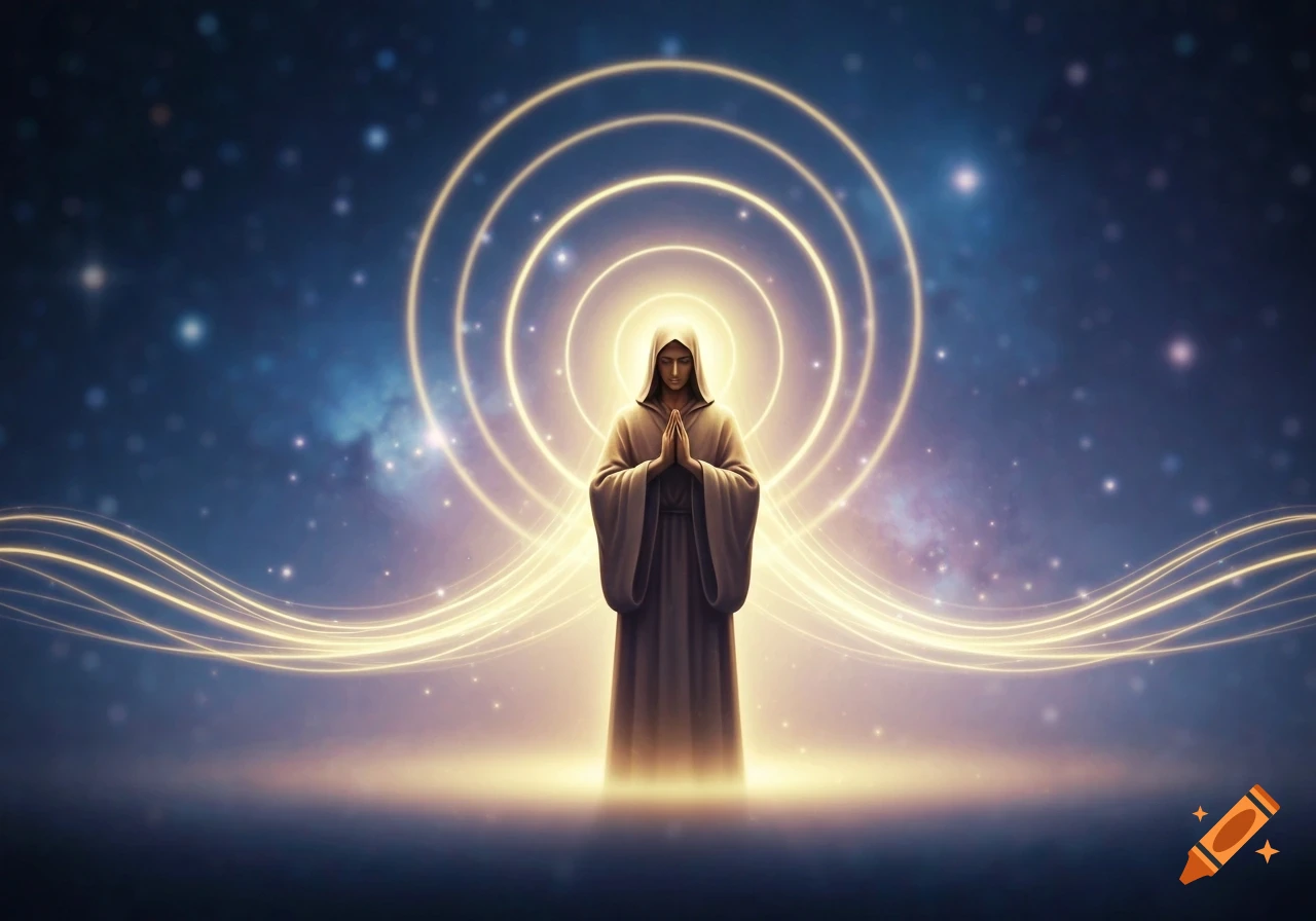 A robed figure with hands pressed together, emanating golden light rings and waves against a starry cosmic background.