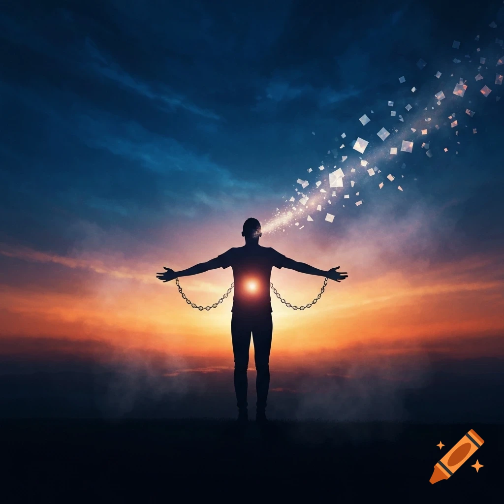 Silhouette of a person breaking free from chains, light bursting from their chest and head into squares against a sunset sky.