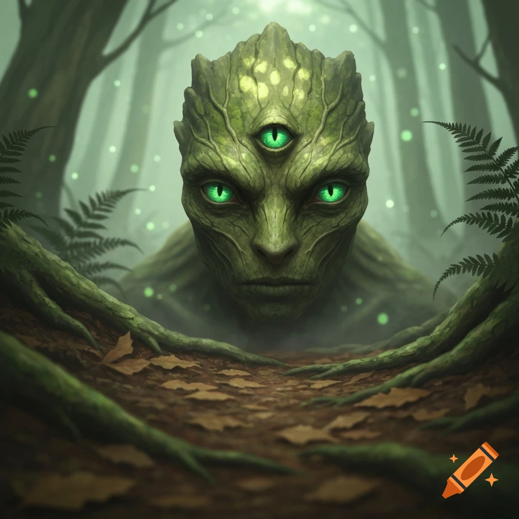 A mossy, green, tree-like creature with three glowing green eyes emerges from the forest floor, surrounded by roots and leaves.