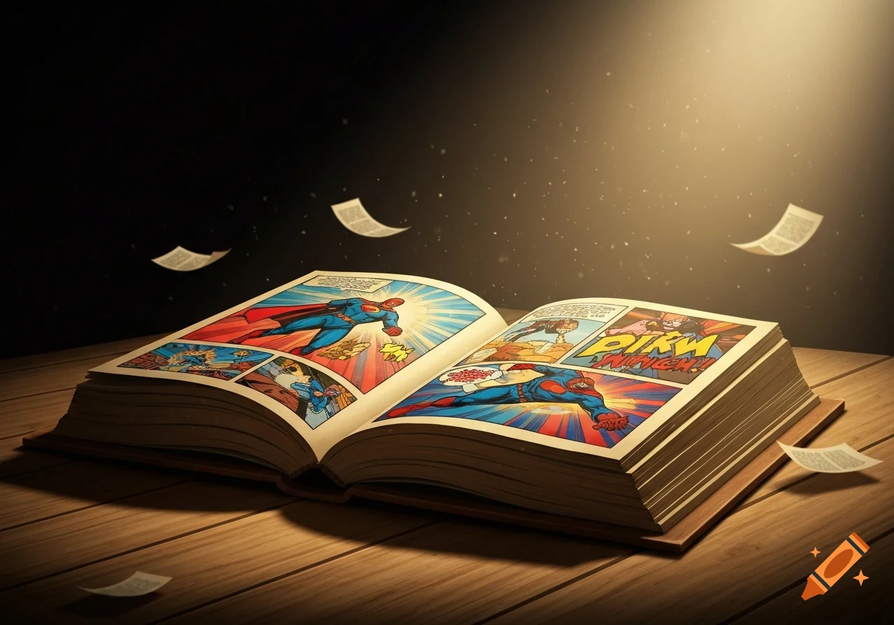 An open superhero comic book lies on a wooden table, illuminated by a spotlight, with pages and dust particles floating around.