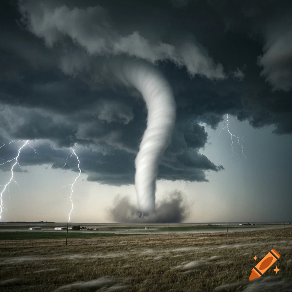 A powerful tornado touches down in a vast, dry field under a dark, stormy sky with multiple lightning strikes.