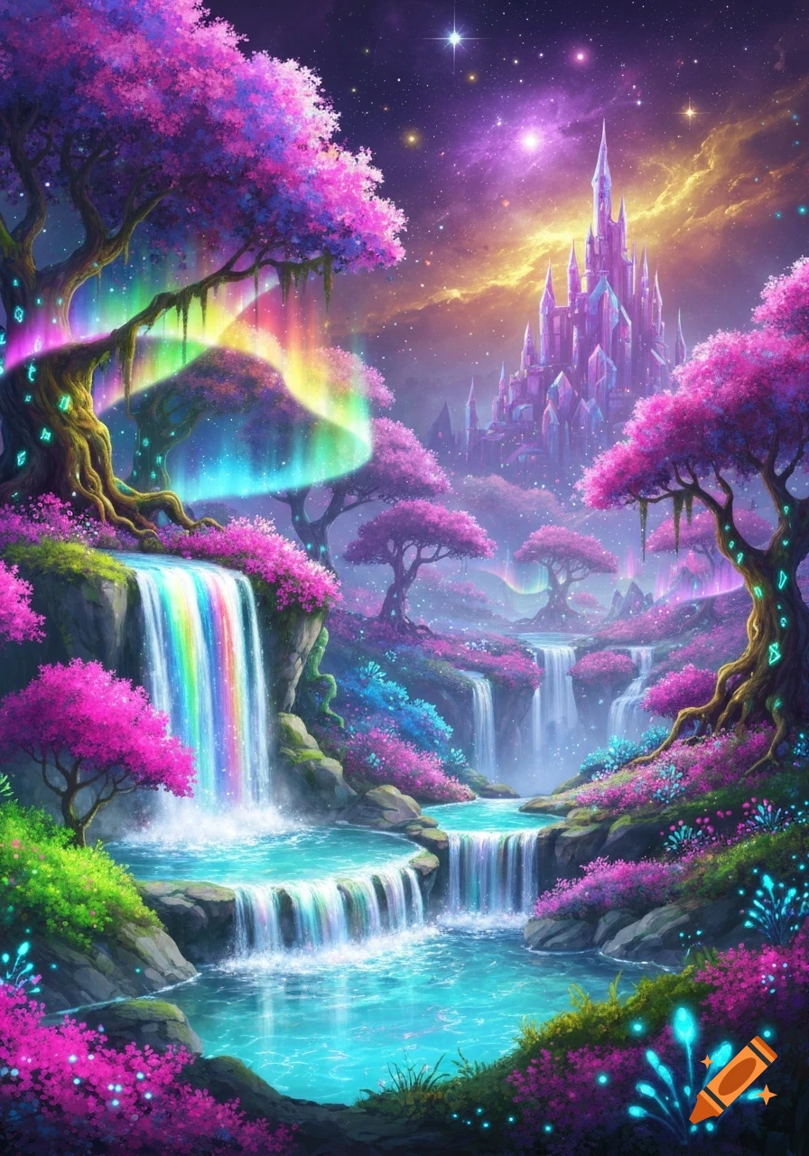 A vibrant fantasy landscape featuring a purple crystal castle, rainbow waterfalls, luminous pink trees, and a starry, colorful sky.