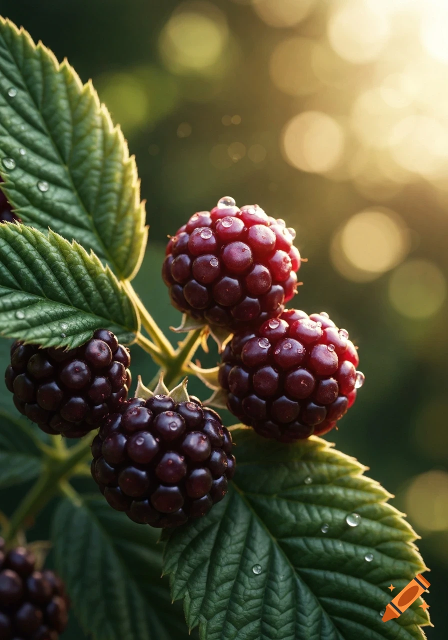 A close-up, photorealistic image of several dew-covered blackberries on a leafy branch, bathed in warm golden sunlight.