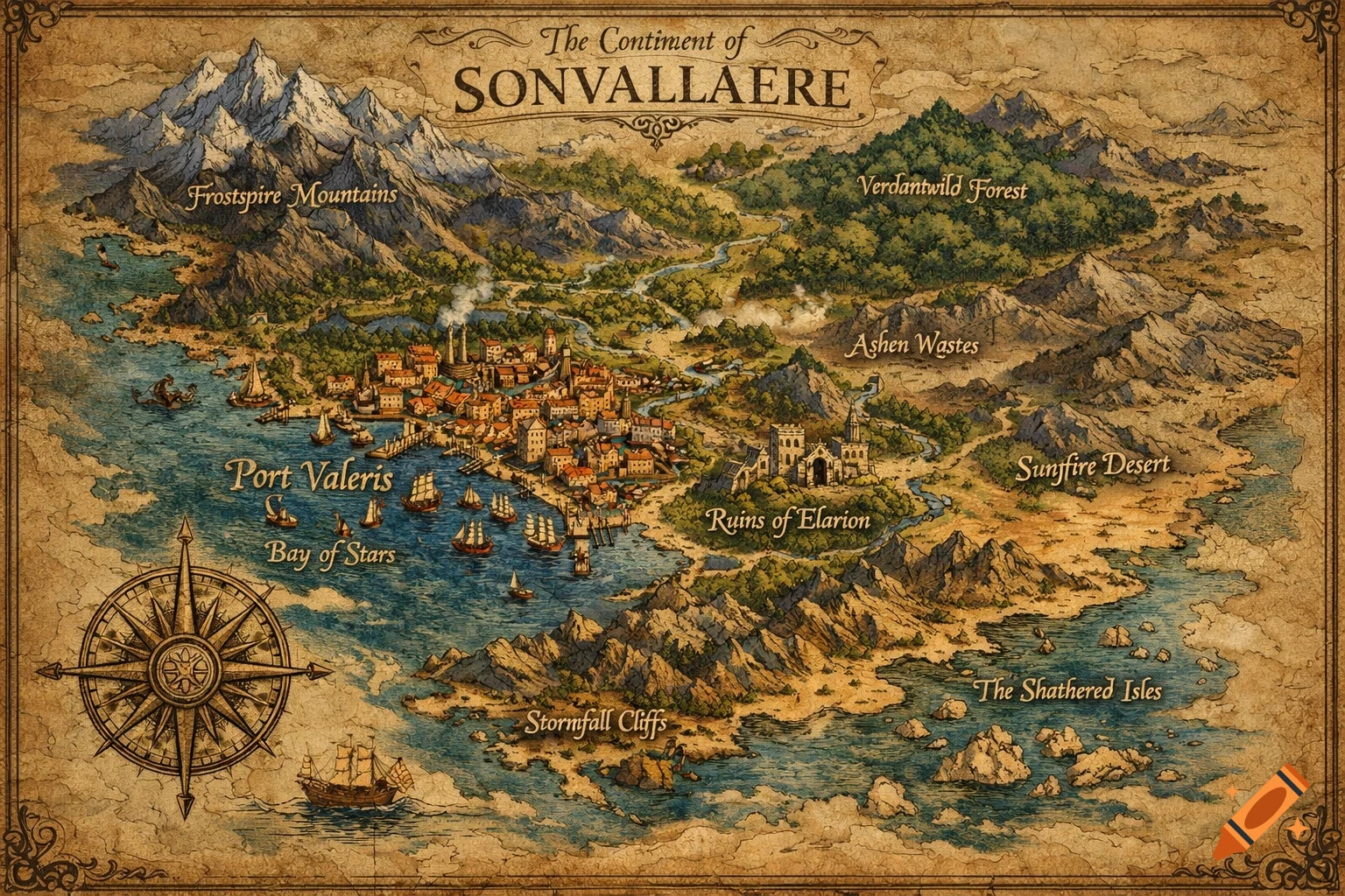 An old, detailed fantasy map of the continent of Sonvallaere, featuring mountains, forests, a port city, and deserts, with a compass rose.