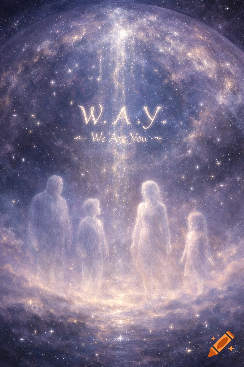 Ethereal glowing figures, including a family, stand on a cosmic cloud under a starry sky with the text 'W.A.Y. We Are You'.