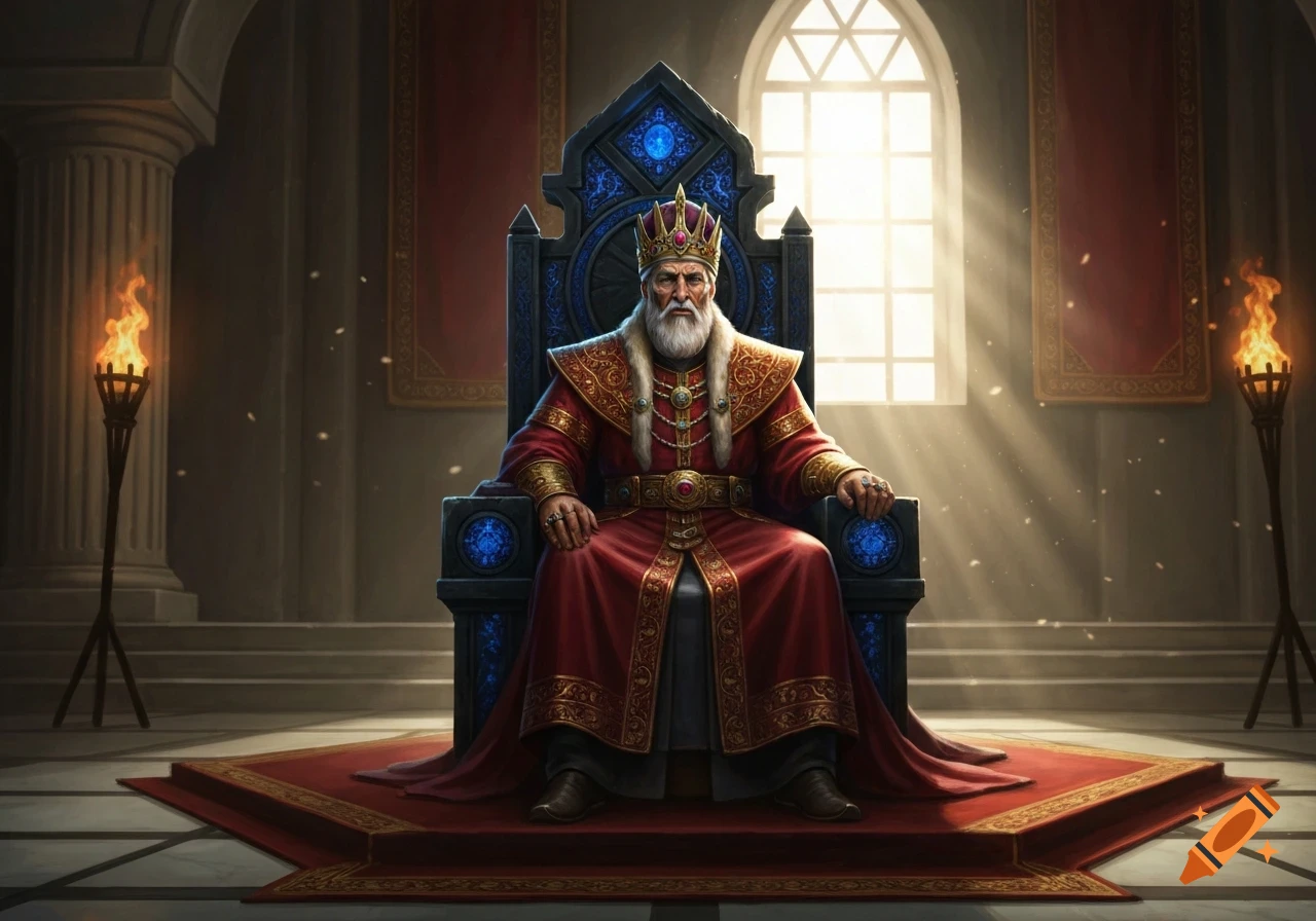 An old king with a white beard sits regally on an elaborate blue throne in a grand hall, light streaming from a window.