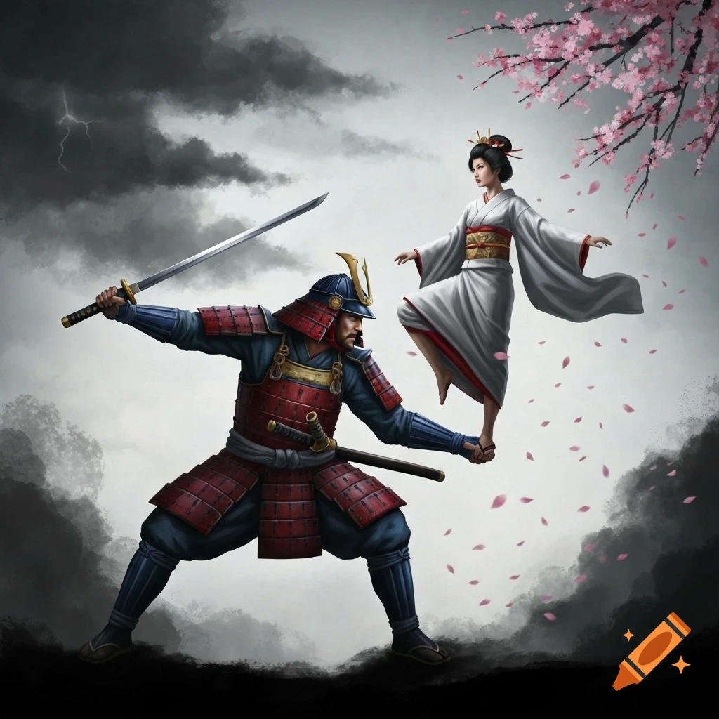 A samurai in armor holds a katana, with a Japanese woman in a white kimono balancing on its hilt, surrounded by cherry blossoms.
