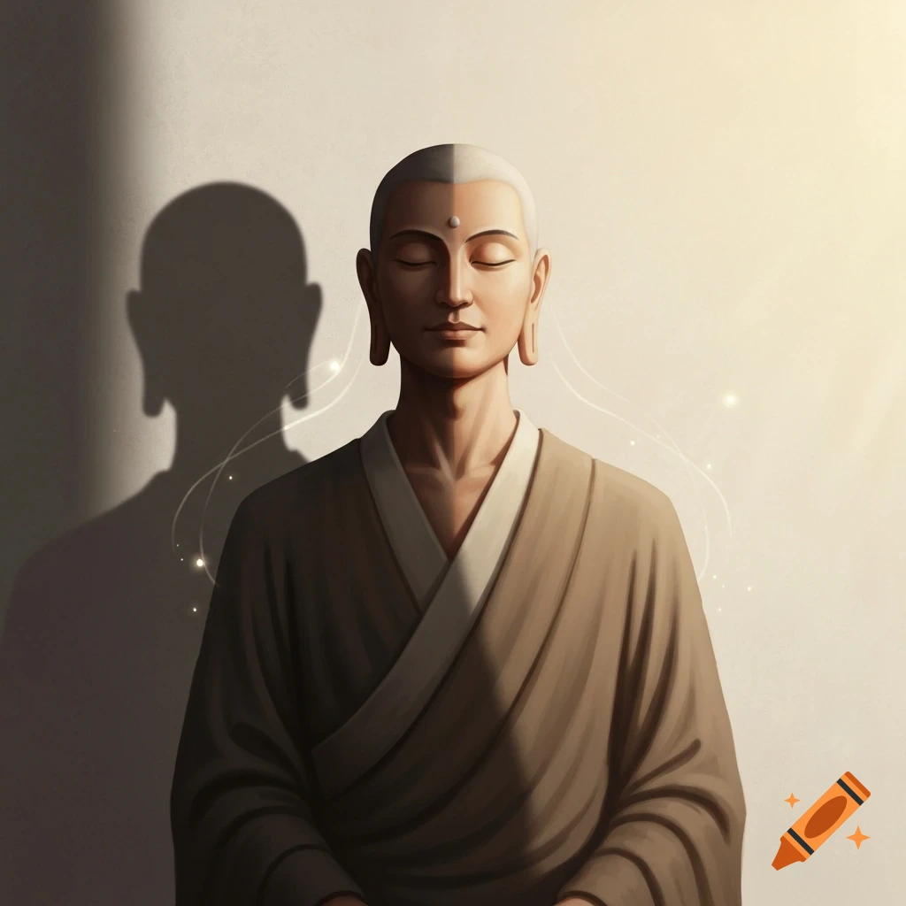 A serene, bald spiritual master in robes meditates, with sunlight on the right and a shadow of a head on the left.