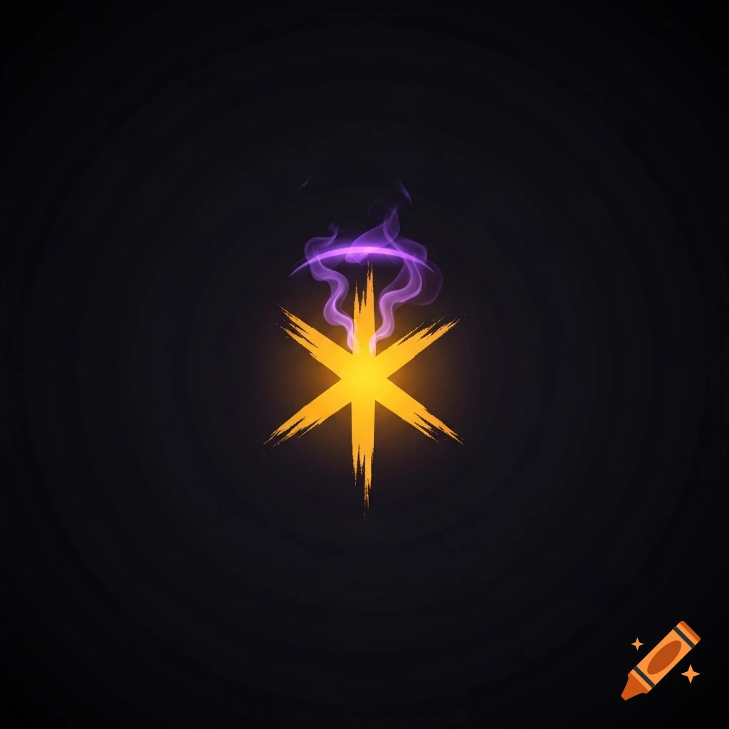 A glowing golden six-pointed glyph with purple smoke and a violet arc on a dark, vignetted background.