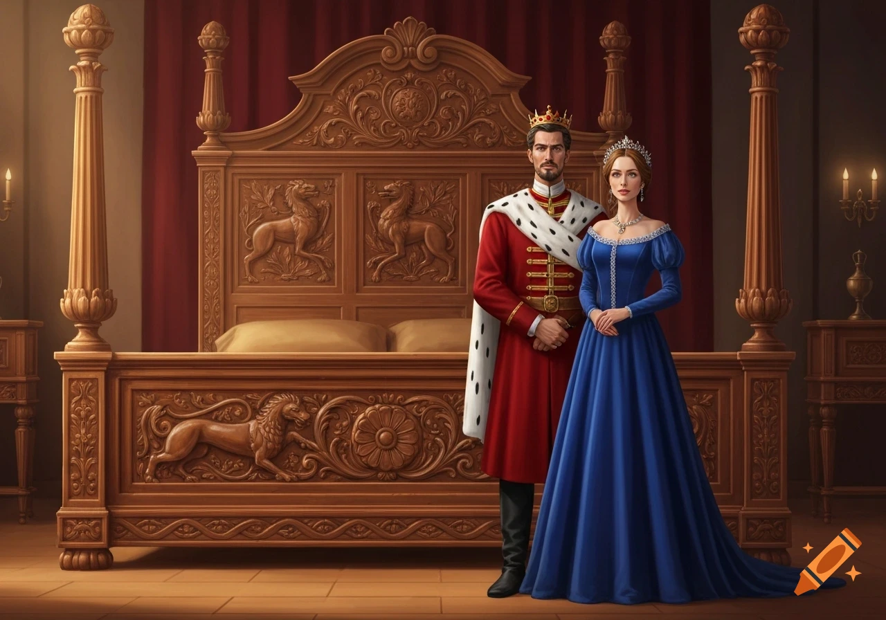 A king and queen in royal attire stand in front of a lavish, intricately carved wooden four-poster bed in a dimly lit bedroom.