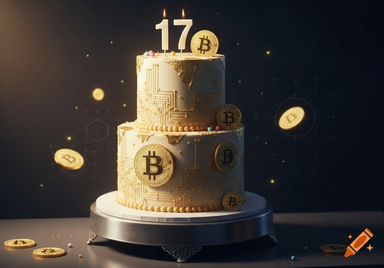 A two-tier white and gold birthday cake with '17' candles and Bitcoin symbols, on a dark background.