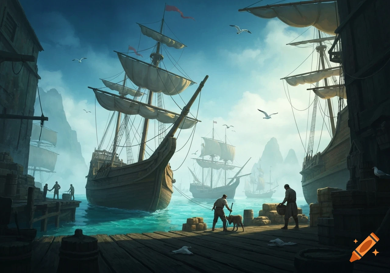 Digital art of a shaded, bustling harbor with large sailing ships, people on a wooden dock, and seagulls flying under a bright sky.