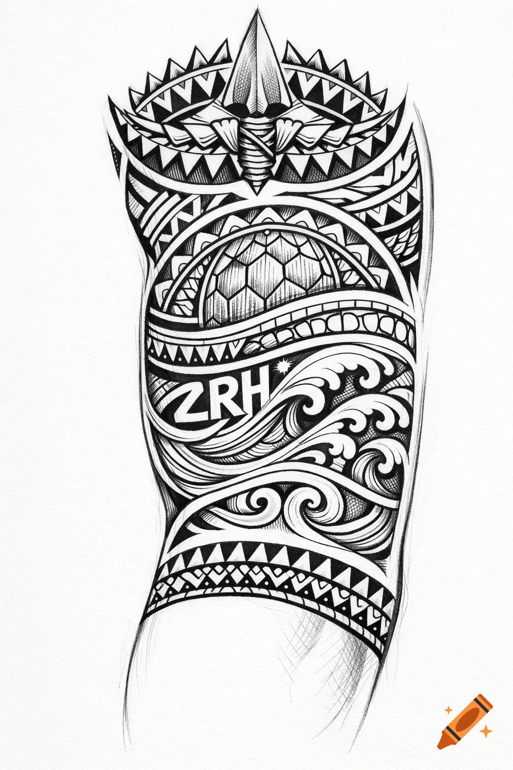 A detailed black ink Samoan-style half sleeve tattoo design featuring spearheads, shark teeth, turtle shell, ocean waves, and initials ZRH, sketched on an arm.